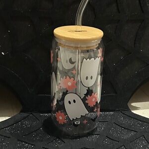 12 OZ Ghost w/Flowers Drinking Glass with Lid- NWOT